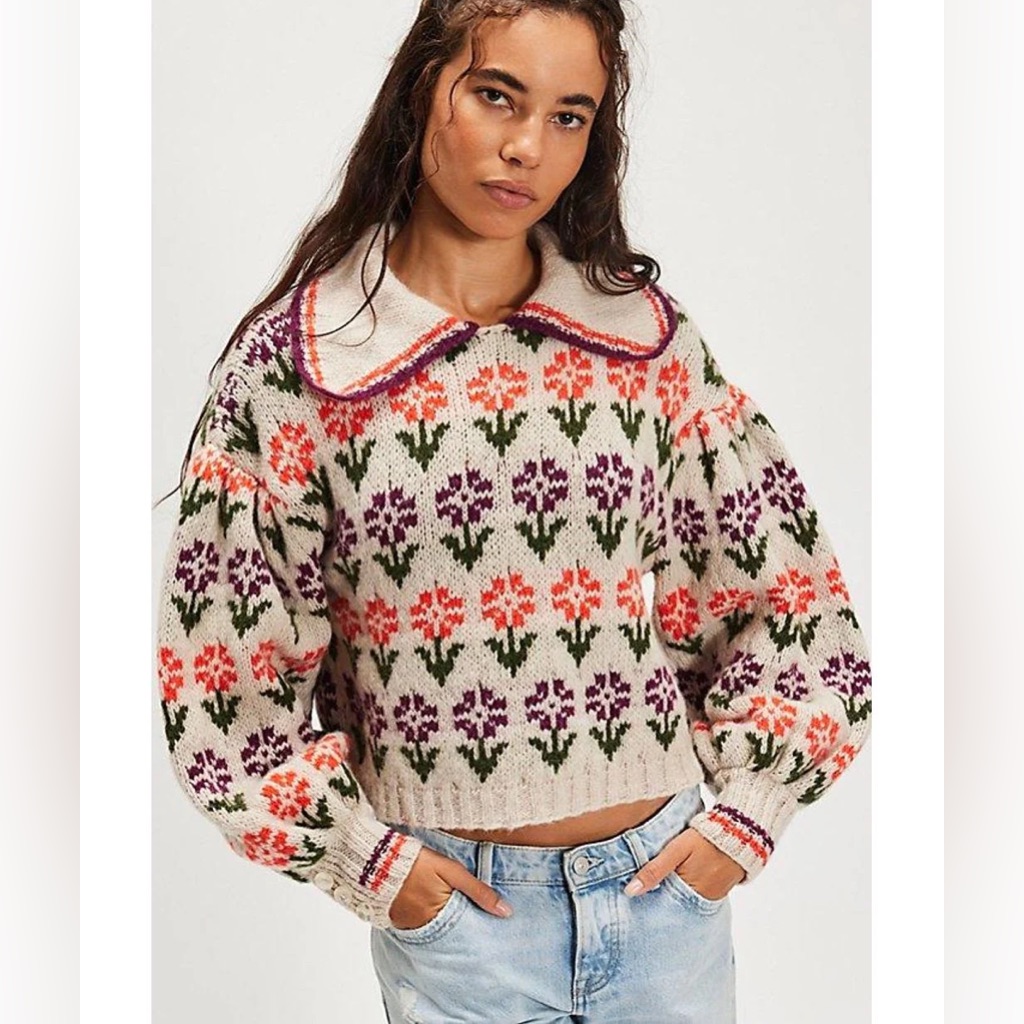 Nwt Free People Frills Sweater Cottagecore Bohemian Floral Boho Collar Medium